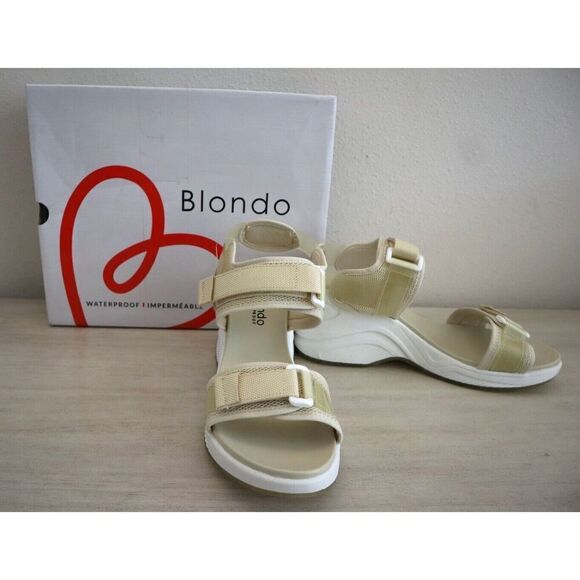Blondo B3482 Women's Sz 10M Bone Fabric Marylee Waterproof Wedge Sandals - Picture 1 of 9